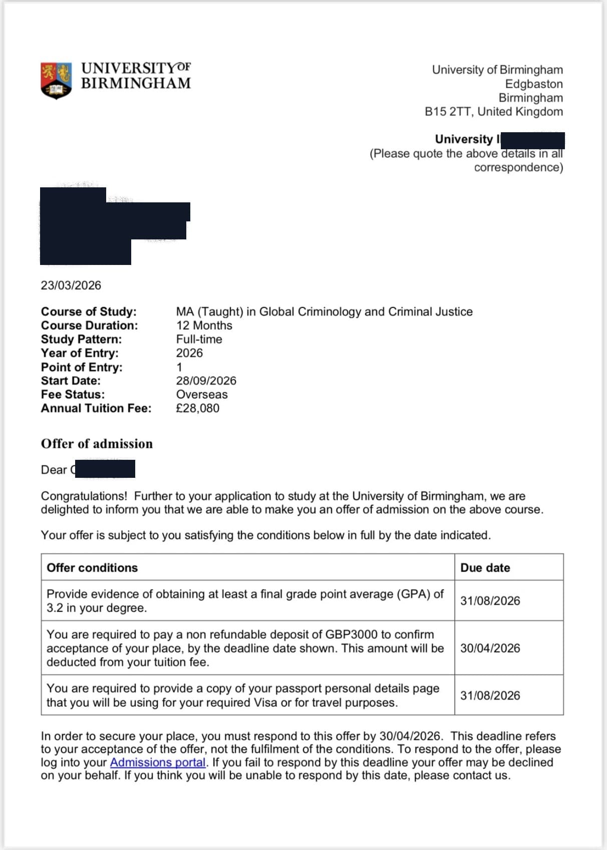 University of Birmingham Global Criminology and Criminal Justice offer, redacted