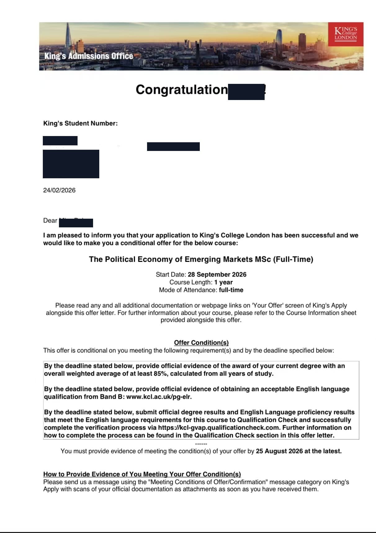 King's College London Political Economy MSc offer, redacted