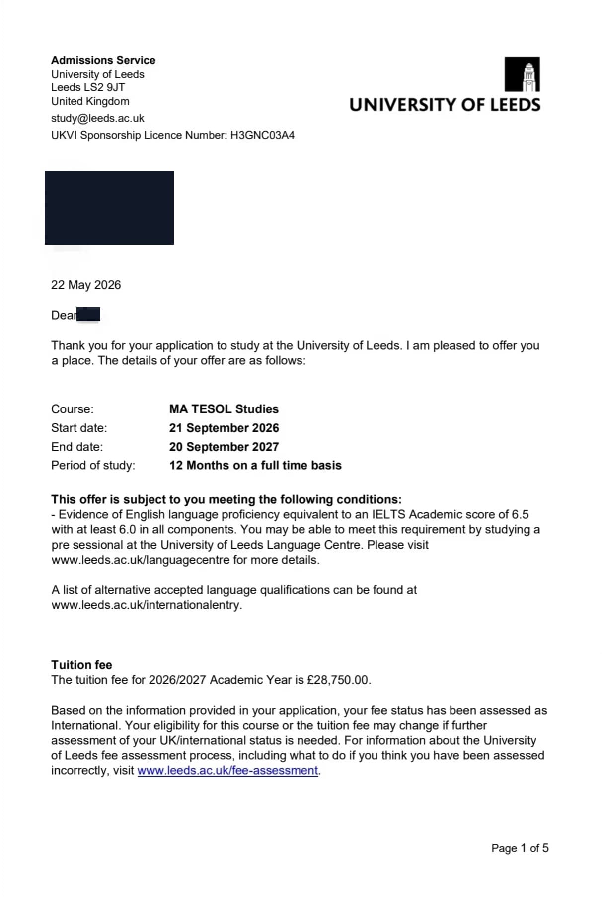 University of Leeds MA TESOL Studies offer, redacted