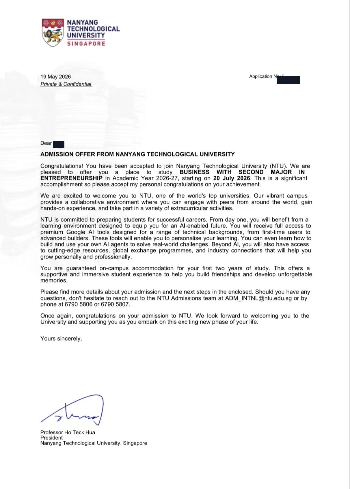 NTU Business with Second Major in Entrepreneurship offer, redacted