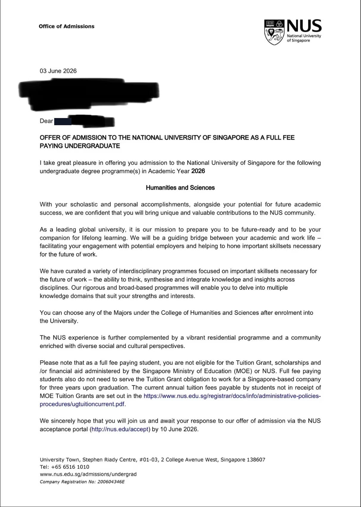 NUS Humanities and Sciences undergraduate offer, redacted