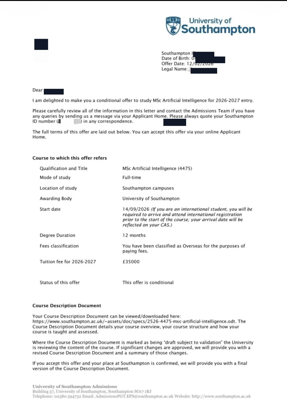 University of Southampton MSc Artificial Intelligence offer, redacted