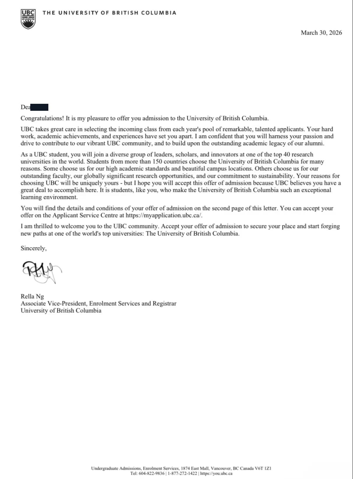 University of British Columbia undergraduate admission offer, redacted
