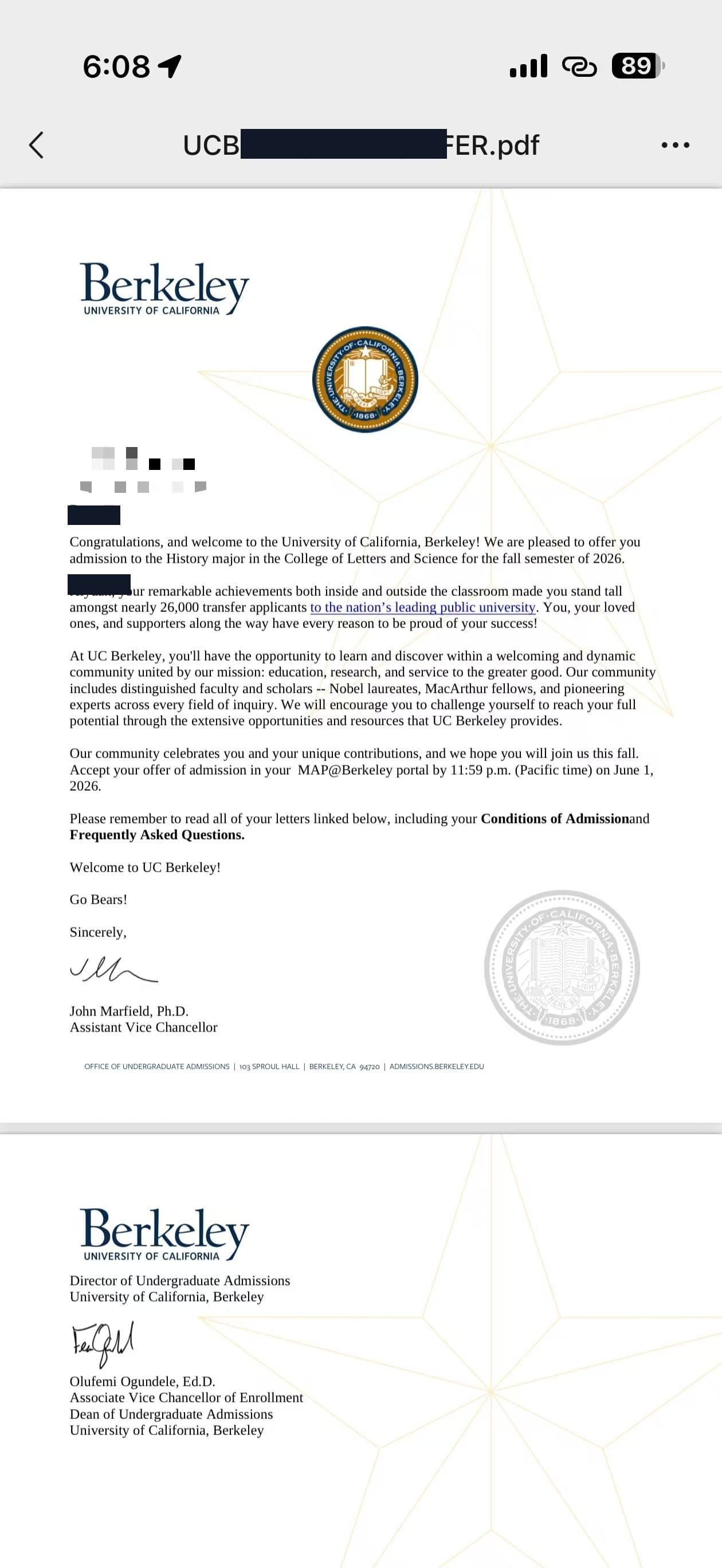 UC Berkeley History admission offer, redacted