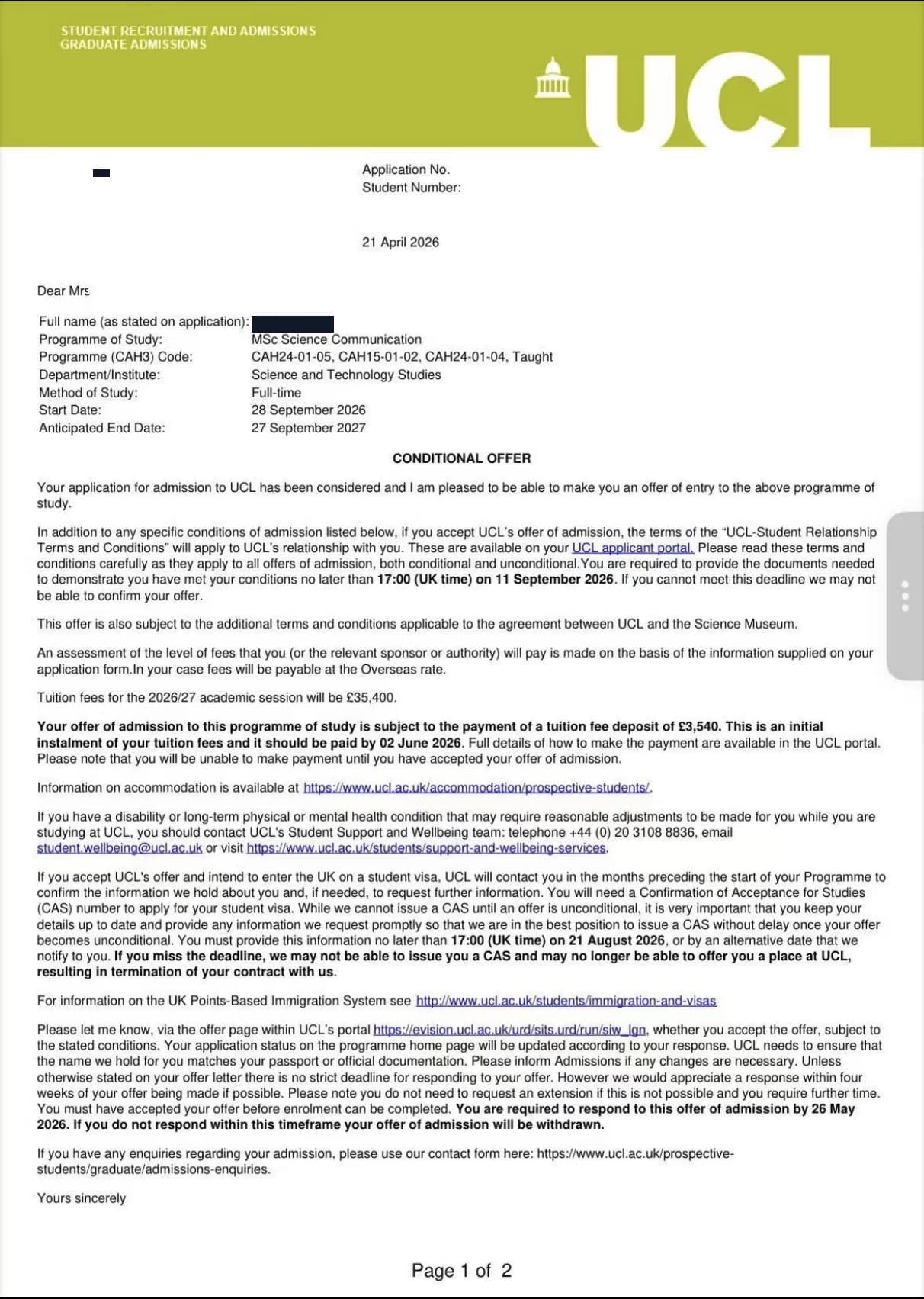 UCL MSc Science Communication conditional offer, redacted