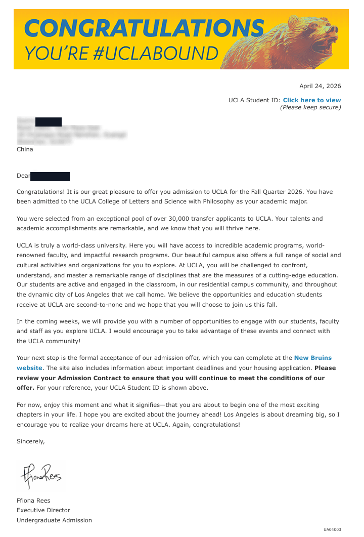 UCLA Philosophy admission offer, redacted