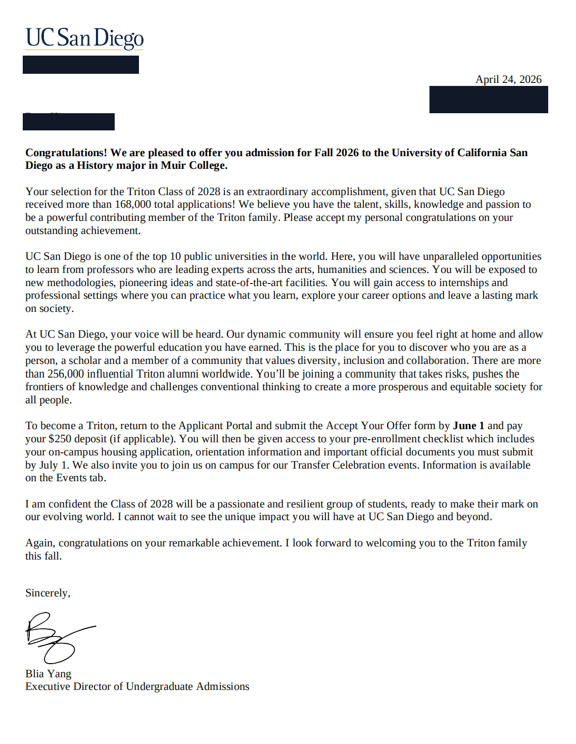 UC San Diego History admission offer, redacted