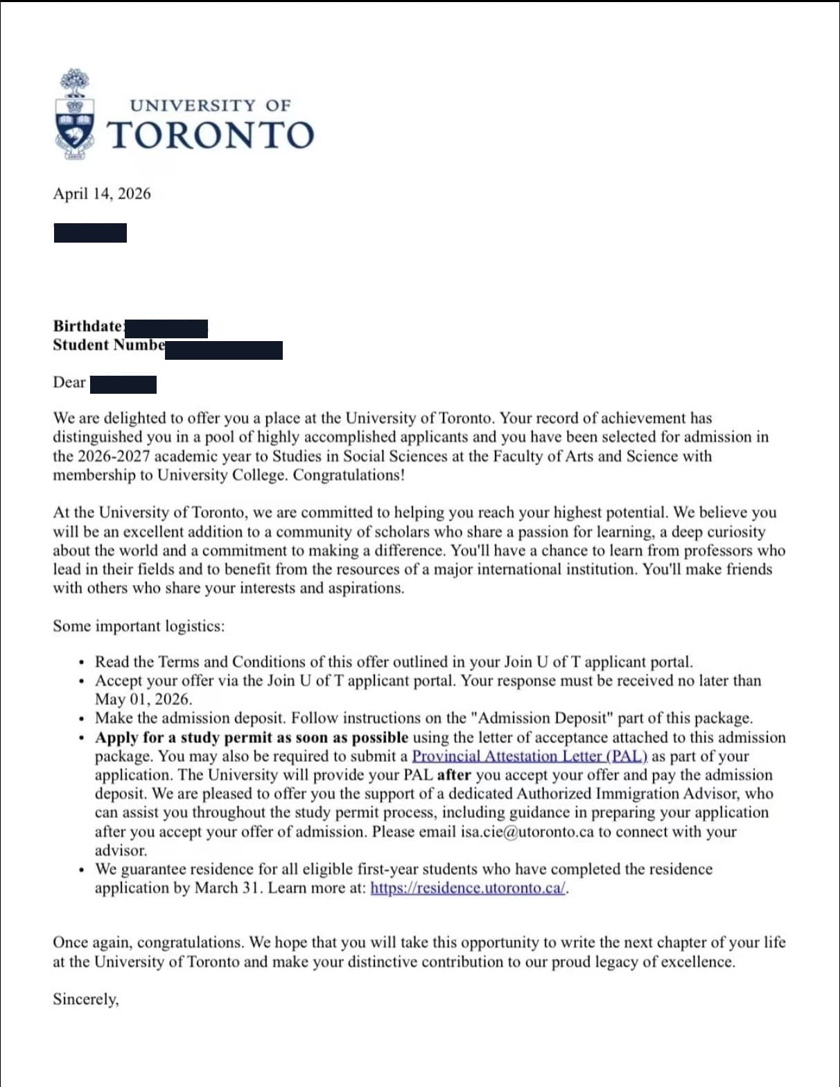 University of Toronto Social Sciences admission offer, redacted